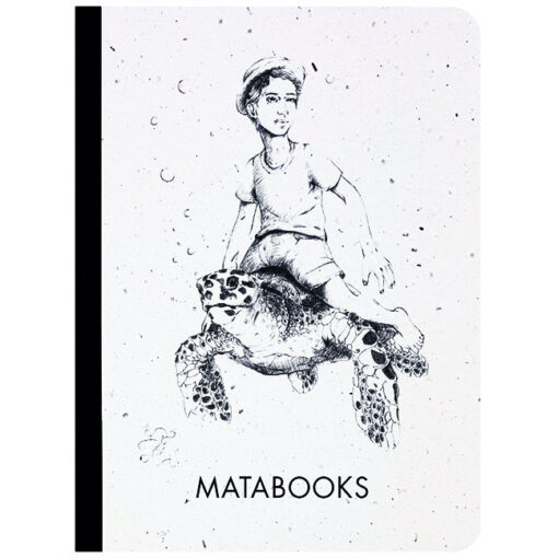 Graspapier Samenbuch von Matabooks. Illustration 'Below Sealevel' mit Traumbild eines Knaben auf einer Riesenschildkröte.